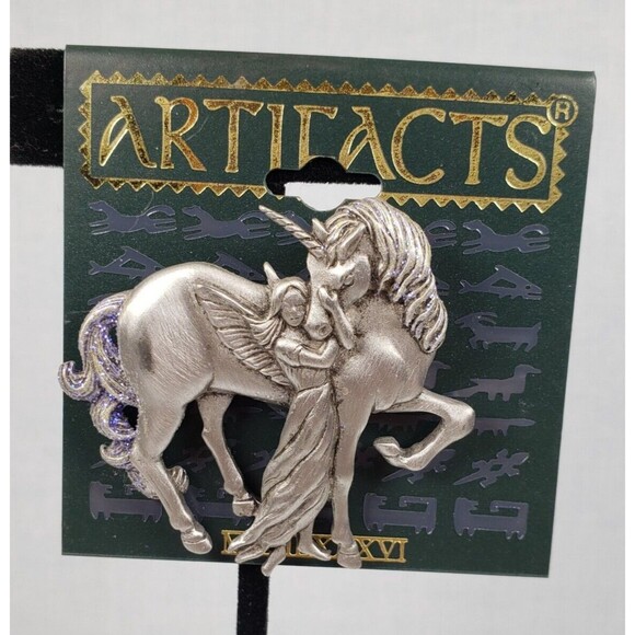 Vintage 1986 JJ Jonette Silver Tone Pewter Unicorn w/Fairy Purple Accents Brooch - Picture 1 of 5